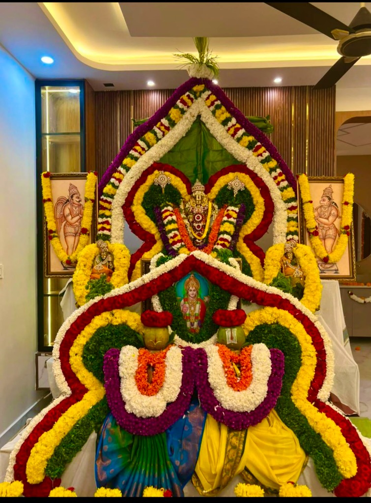 Decorated deity setup for Satyanarayana Puja